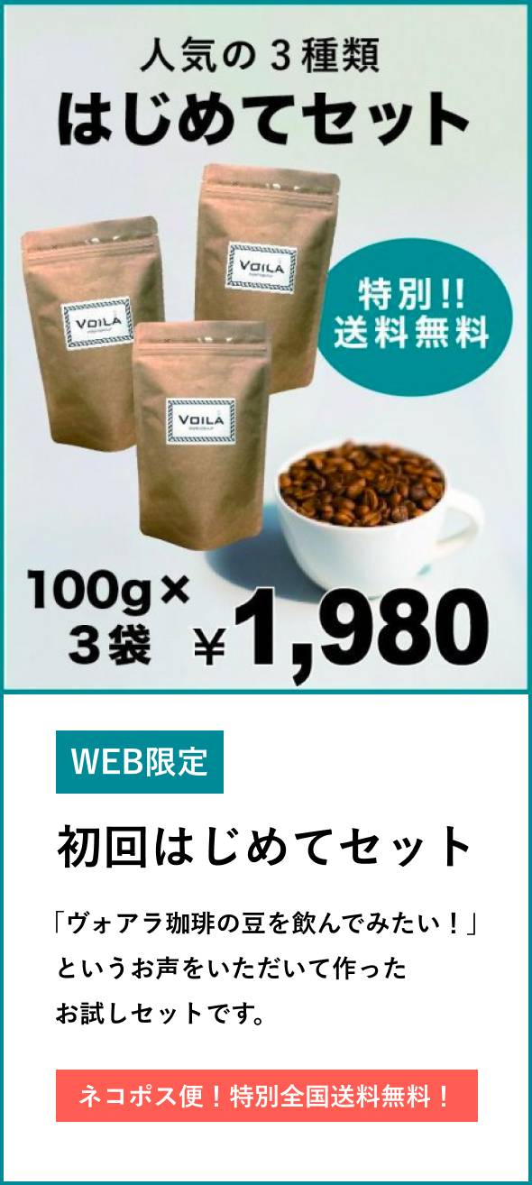 人気の3種類はじめてセット 特別送料無料 100g3袋 WEB限定 初回はじめてセット「ヴォアラコーヒーの豆を飲んでみたい！」というお声をいただいて作ったお試しセットです。ネコポス便!特別全国送料無料!